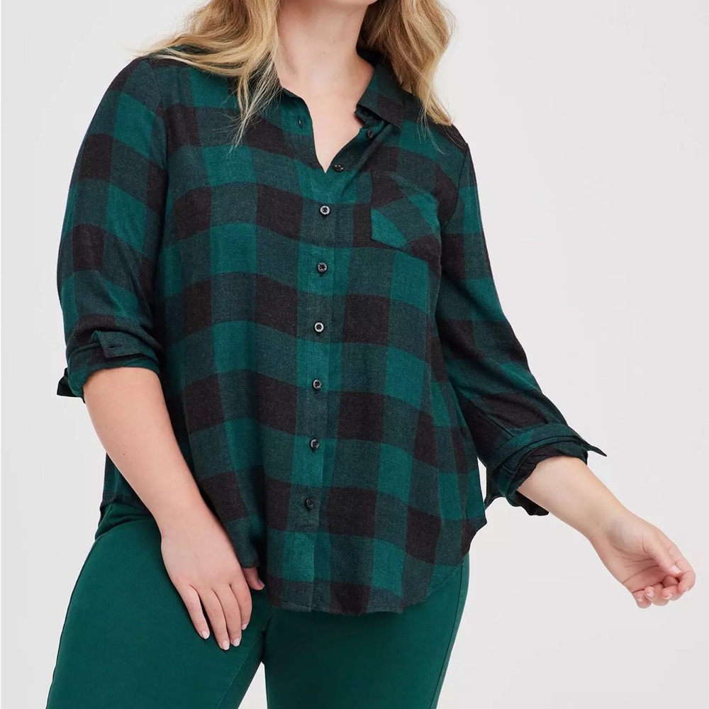 Torrid Plaid Green Relaxed Fit Brushed Rayon Button-Up Shirt, Plus Size 1
